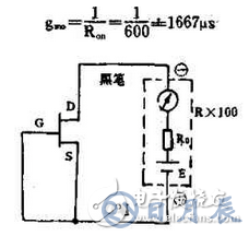 　萬用電表置R×1k檔，然后反復(fù)測試管子的三個電極，只要其中兩腳的正、反向測試電阻值相等，約為幾千歐姆時，這兩個極必定是漏、源極。當(dāng)然為了驗證還得確定剩下那只腳是柵極，該腳對漏、源極中任一腳的正、反向電阻應(yīng)是不一樣大的（PN結(jié)），若—樣，說明該管是壞的。